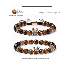 Detailed specs of natural tiger eye stone bracelets with gold crown and 8mm bead size