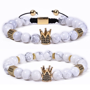 Natural Stone Beaded Bracelet Gold Plated Copper Crown Pendant Pave Black Cubic Zirconia Adjustable Jewelry For Men Unisex