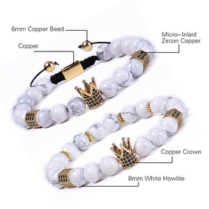 Natural white howlite crown bracelets with 6mm and 8mm beads featuring zircon inlays