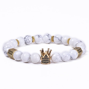 White turquoise beaded bracelet with gold crown charm and black micro-inlaid zircons
