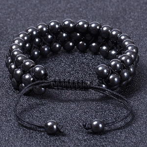6mm magnetic black stone triple-layer braided bracelet with adjustable cord