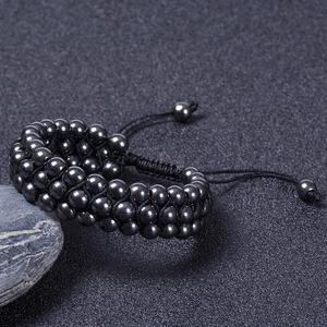 6mm magnetic hematite stone 3-layer beaded bracelet with adjustable woven cord