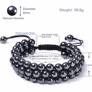 Adjustable 3-layer 6mm magnetic hematite stone bead bracelet with physical size specs