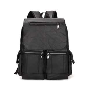 Vintage black PU leather backpack for men featuring flap cover and front zipper pockets
