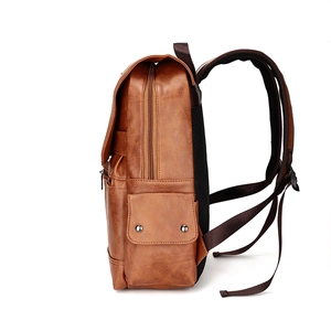 Vintage brown PU leather backpack for men featuring side pockets and stylish zip details