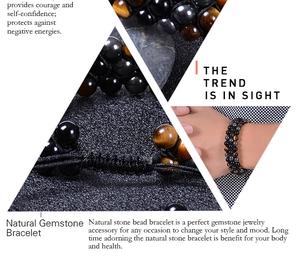 Detailed views of triple-layer tiger eye and black onyx beaded bracelet with woven cord