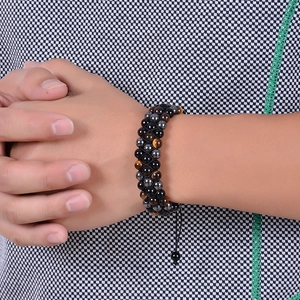 Handmade triple-layered tiger eye and black onyx beaded bracelet with adjustable cord