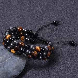 Handmade triple-row natural tiger eye, black onyx and hematite stone beaded bracelet