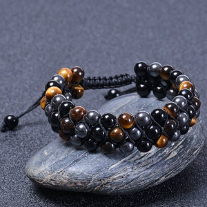 Triple Row Braided Bracelet Natural Stone Tiger Eye Hematite Black Obsidian Adjustable Handmade Jewelry For Men Unisex