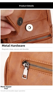 Detail of premium brown PU leather bag showing magnetic snap and smooth metal zipper