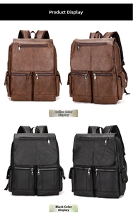 Detail view of large capacity vintage PU leather backpacks in black and coffee brown colors