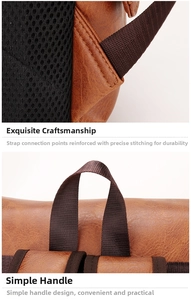 Detail of vintage brown leather backpack showing reinforced stitching and breathable mesh padding