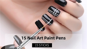 Macro shot of 15 nail art pens detailing fine black and white lines on a fingernail