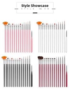 Detailed set of 15 nail art brushes showing multiple colors and functional brush tips