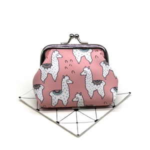 Detailed view of pink llama print coin purse with silver metal kiss lock closure