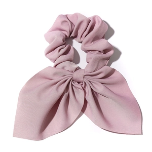 Elegant Morandi pink rabbit ear bow scrunchie with long streamers in twill fabric