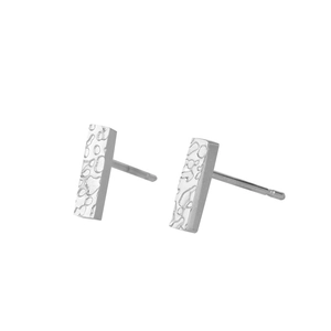 Minimalist silver rectangle earrings with hammered texture in stainless steel finish