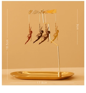 Detailed dimensions of a golden rotary candle holder with fairy pendants and tray base