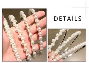 Macro detail of handmade pearl headband featuring clustered beads and rhinestone spacers