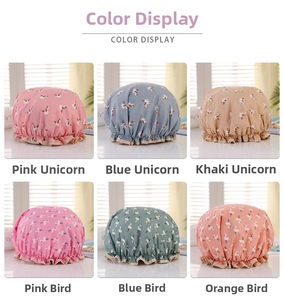 Detail view of double-layer waterproof shower caps with cute unicorn and bird prints