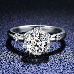 Detailed macro view of the classic six-prong moissanite engagement ring with side diamonds