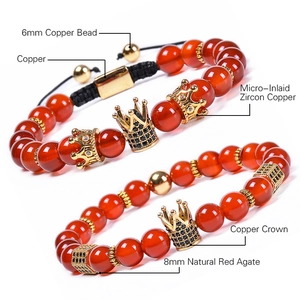 Set of 2 natural 8mm red agate bead bracelets with zircon crown and copper accessories