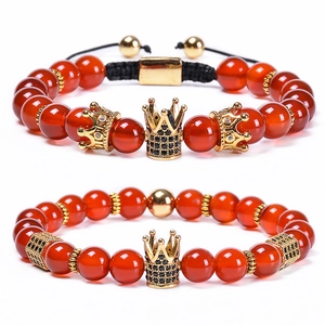 Natural Red Agate Beaded Bracelet With Copper Crown Pendant And Cubic Zirconia Fashion Jewelry Gift For Men Women