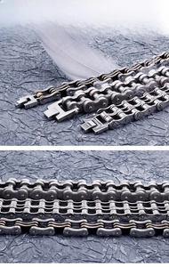 Close-up of industrial punk motorcycle chain bracelets in various thickness and colors