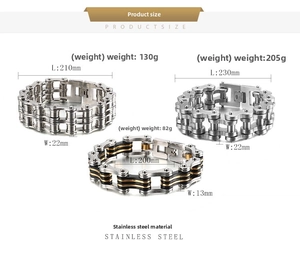 Size chart for stainless steel biker chain bracelets with weights and dimensions