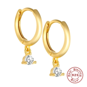 S925 sterling silver hoop earrings with round cubic zirconia pendants in gold finish