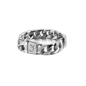 Men's hip-hop cuban link bracelet in silver steel with rhinestones and carved box clasp