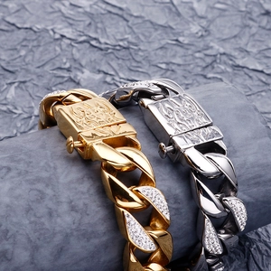 Men's hip hop cuban link bracelet in gold and silver with zircon inlays and wolf head buckle