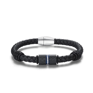 Men's black woven leather bracelet with carbon fiber inlay and blue crystal detail