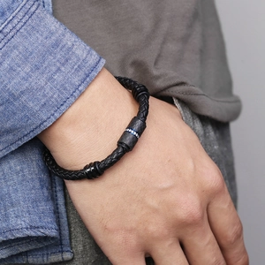 Men's black braided leather bracelet with carbon fiber clasp and blue zircon accents
