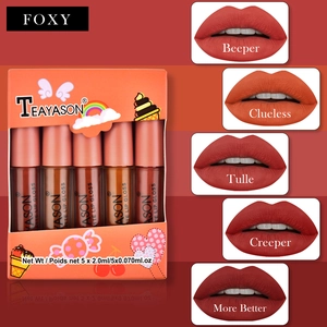 Detailed swatches of 5 matte lip gloss shades from nude to berry on professional model lips