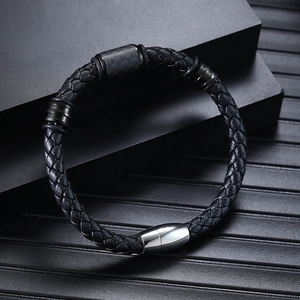 Men's black woven leather bracelet with carbon fiber beads and silver magnetic clasp