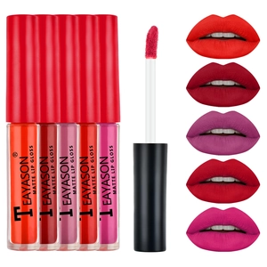 Detailed swatches of 5 matte liquid lipsticks in shades of red, nude, and berry on white background