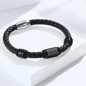 Men's black braided leather bracelet with carbon fiber inlay and magnetic steel clasp