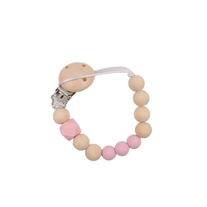 Baby pacifier clip with natural wooden beads and soft pink silicone beads on white background