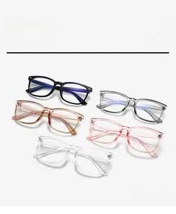 Detail view of five assorted color blue light blocking glasses frames with metal hinges