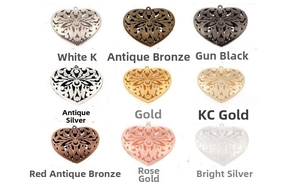 Detailed comparison of hollow heart-shaped charms in nine various metallic plating colors