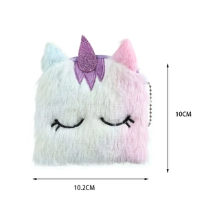 Detail view of plush unicorn coin purse showing dimensions of 10cm by 10.2cm in soft pastel