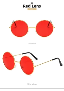 Detailed front and side views of vintage round gold sunglasses with vibrant red lenses