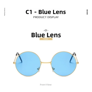 Front view of retro round sunglasses with gold metal frame and clear blue lenses