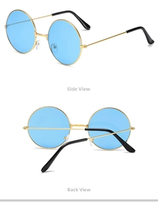 Retro round sunglasses with blue lenses and gold frames showing side and back views