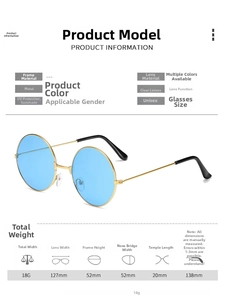Size chart showing dimensions and metal frame details for round retro sunglasses