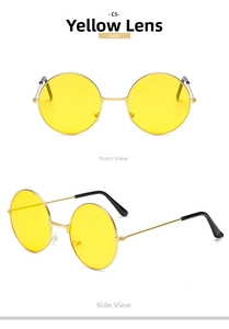 Front and 45-degree views of retro round sunglasses with gold frame and yellow lenses