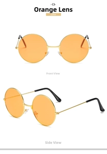 Detail view of round retro sunglasses with C3 orange lenses and gold metal frames