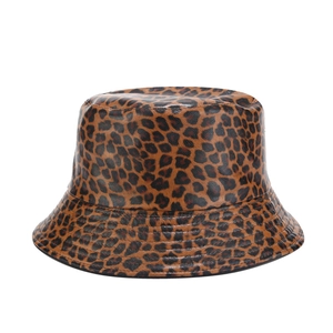 Stylish leopard print bucket hat for women with a textured finish on a white background