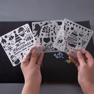 Three square drawing stencil templates with Christmas, Love, and Birthday party motifs